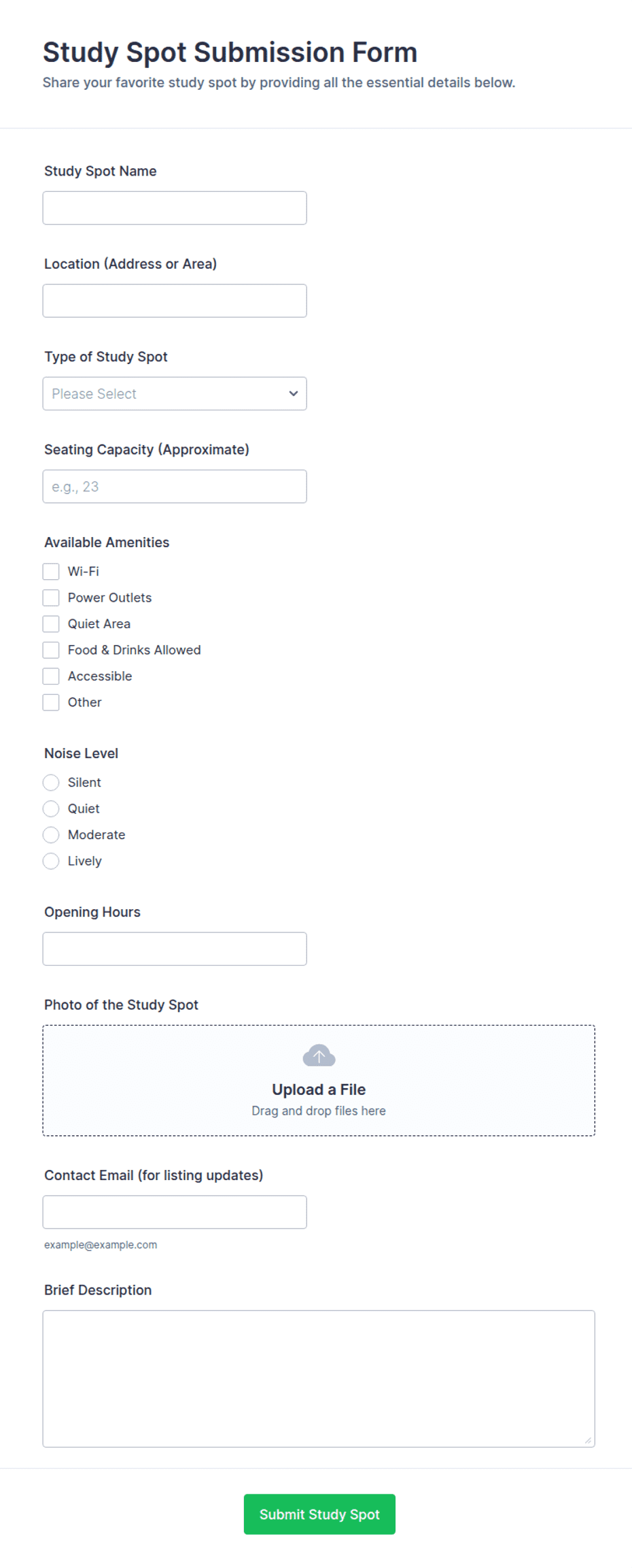Study Spot Submission Form Template | Jotform