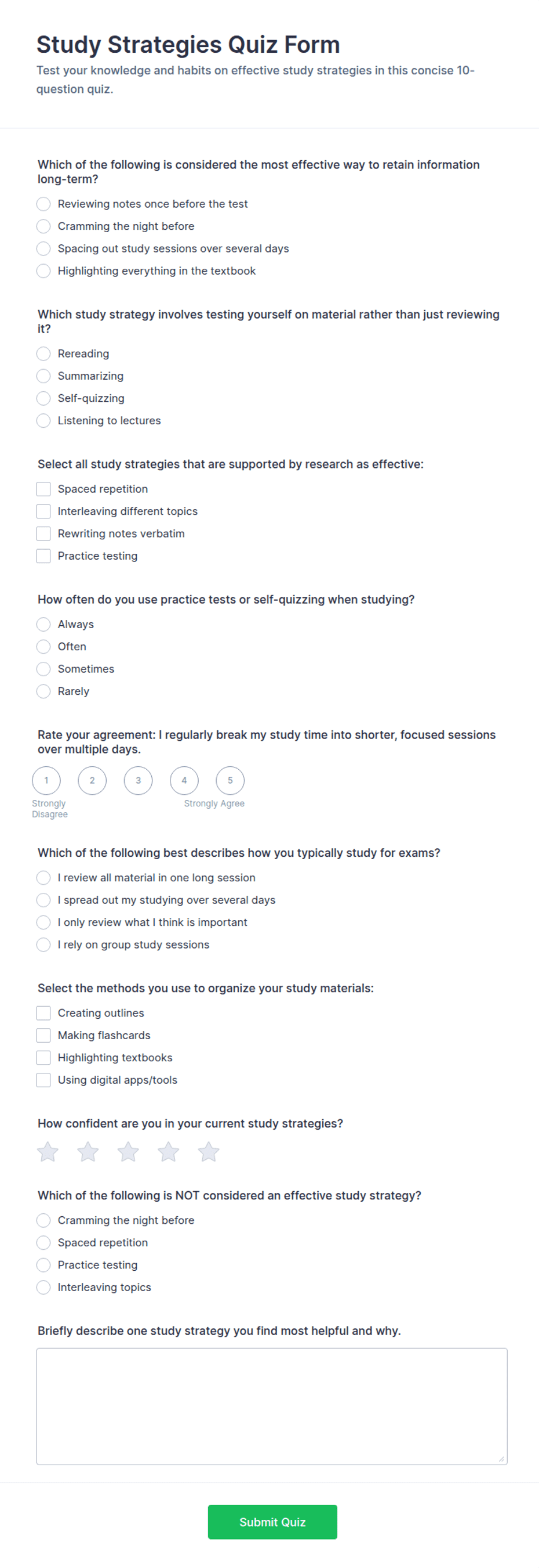 Study Strategies Quiz Form Template | Jotform