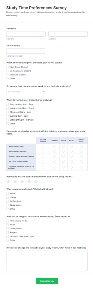 Study Time Preferences Survey Form Template