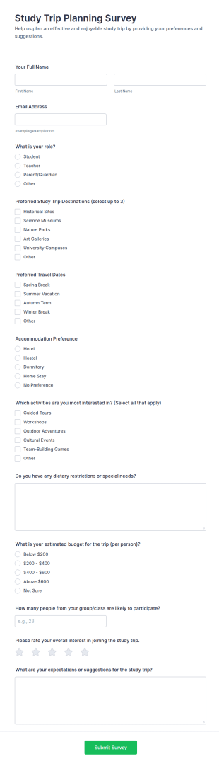 Study Trip Planning Survey Form Template