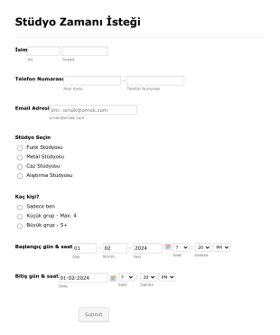 Stüdyo Rezervasyon Form Template