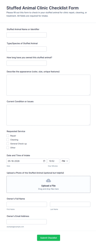 Stuffed Animal Clinic Checklist Form Template