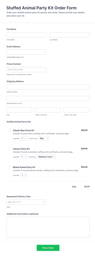 Stuffed Animal Party Kit Order Form Template