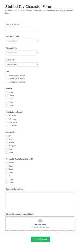 Stuffed Toy Character Form Template
