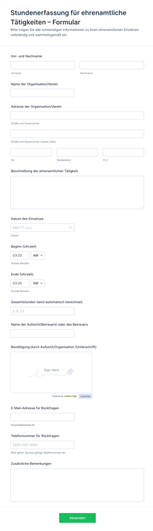 Stundenerfassung Für Ehrenamtliche Tätigkeiten – Formular