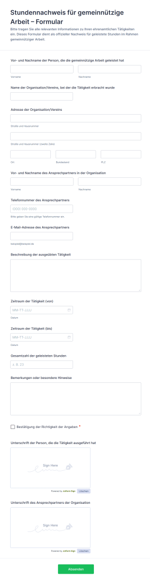 Stundennachweis Für Gemeinnützige Arbeit – Formular Form Template