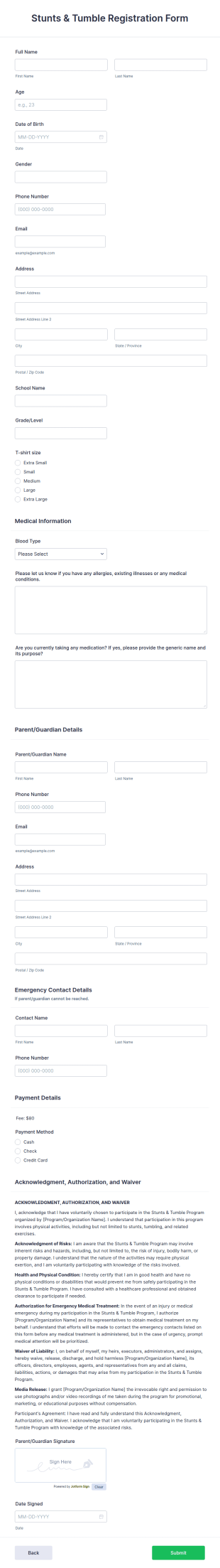 Stunts &amp Tumble Registration Form Template