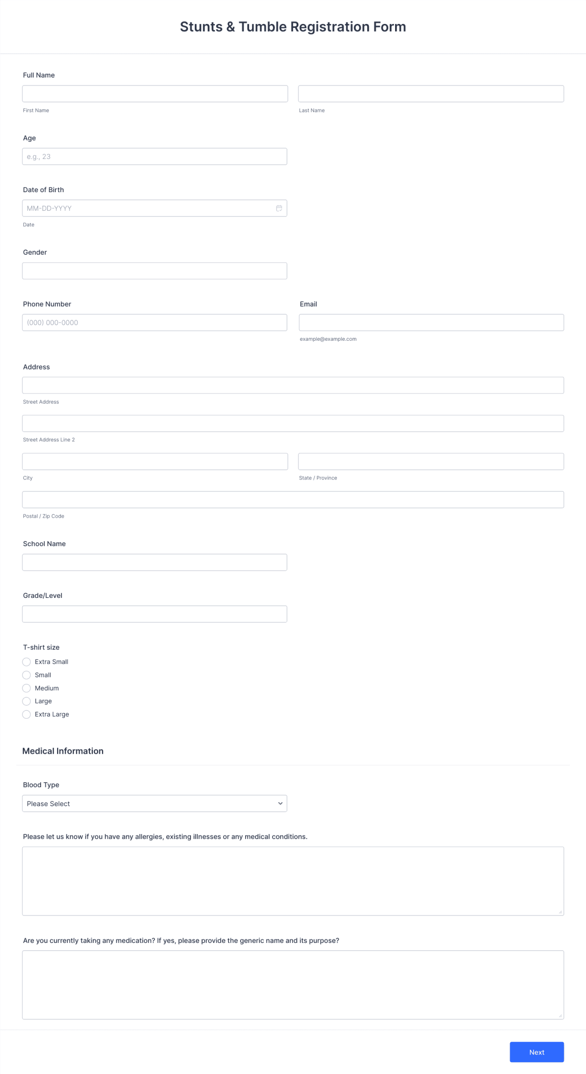 Stunts & Tumble Registration Form Template | Jotform