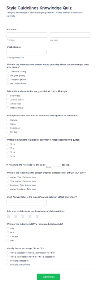 Style Guidelines Knowledge Quiz Form Template
