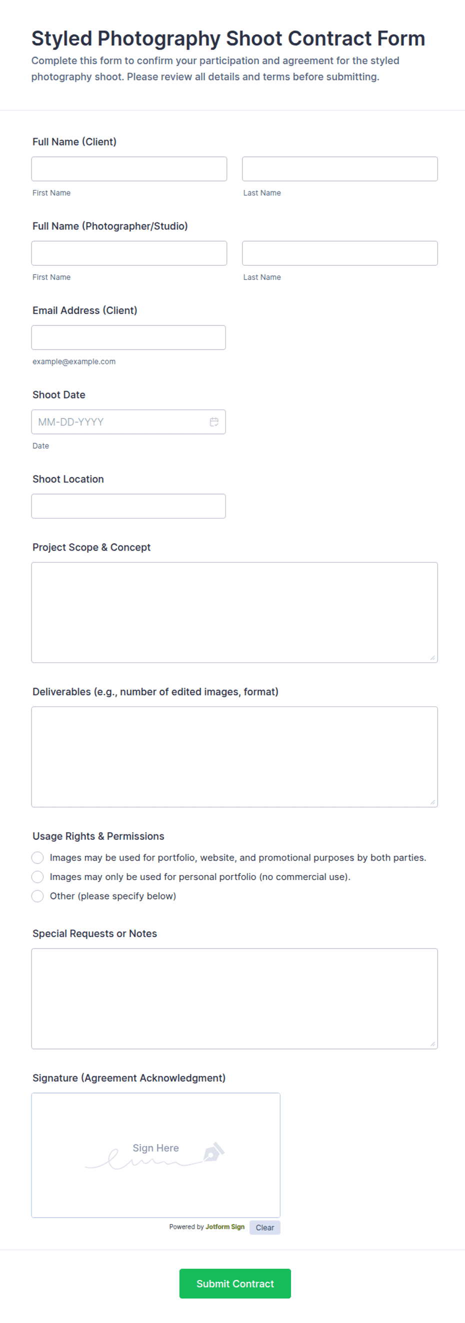Styled Photography Shoot Contract Form Template | Jotform