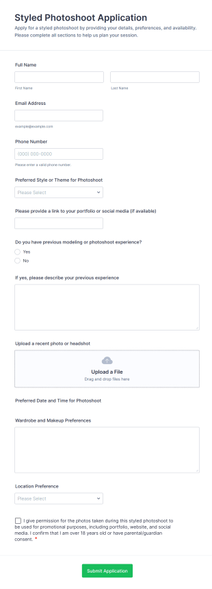 Styled Photoshoot Application Form Template