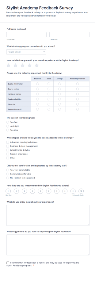 Stylist Academy Feedback Survey Form Template