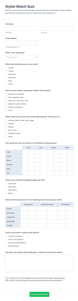 Stylist Match Quiz Form Template