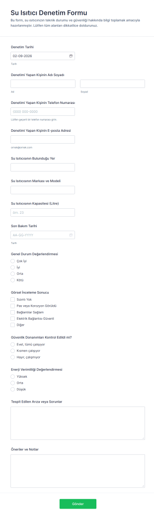 Su Isıtıcı Denetim Form Şablonu