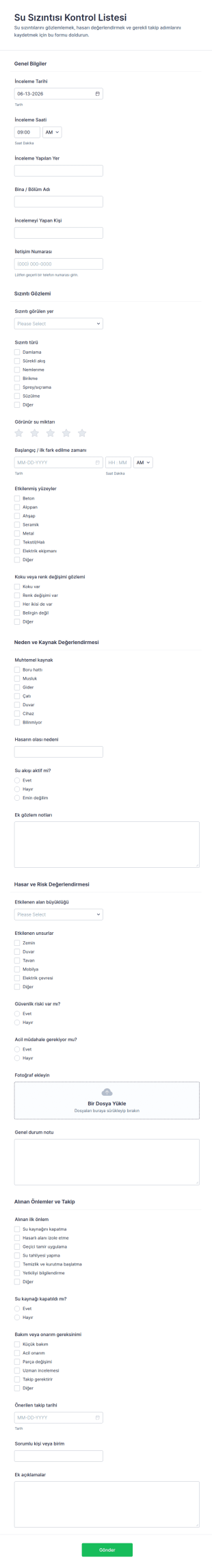 Su Sızıntısı Kontrol Listesi Form Şablonu