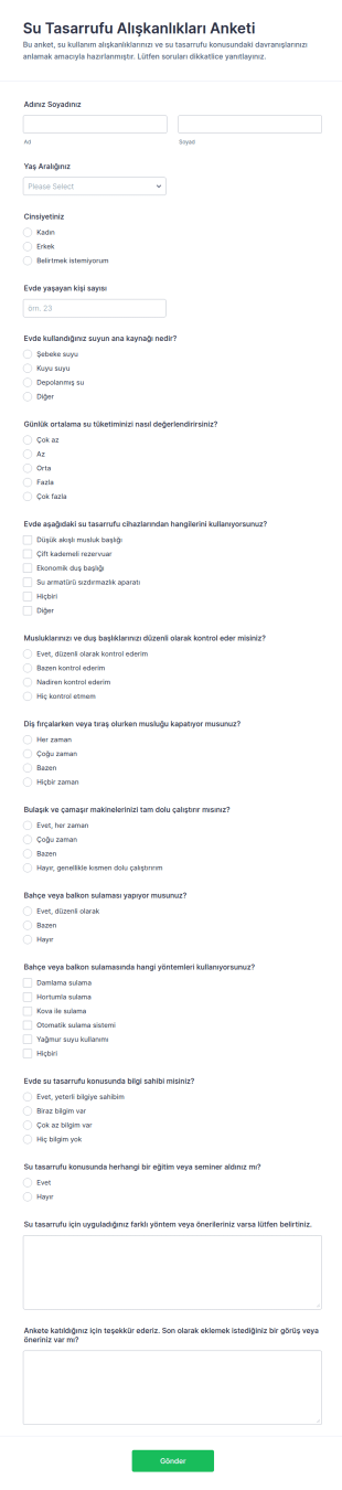 Su Tasarrufu Alışkanlıkları Anketi Form Şablonu