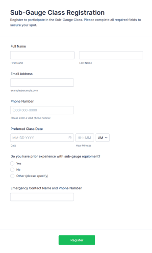 Sub Gauge Class Registration Form Template