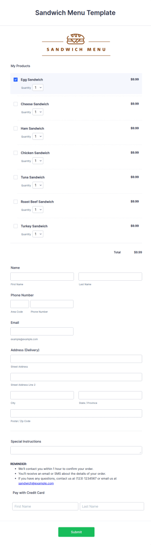 Sub Order Form Template