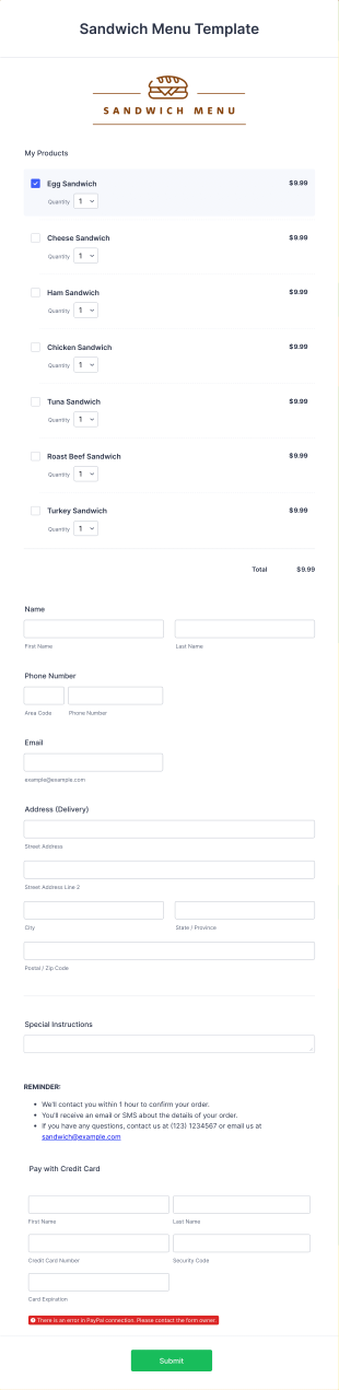 Sub Order Form Template
