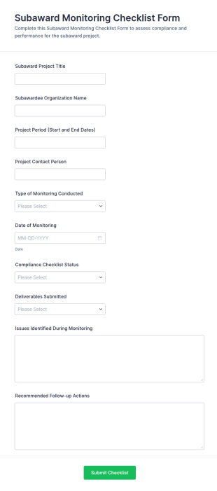 Subaward Monitoring Checklist Form Template
