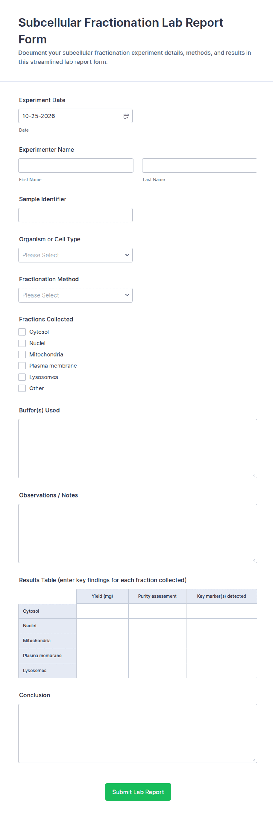 Subcellular Fractionation Lab Report Form Template | Jotform