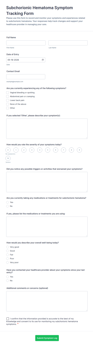 Subchorionic Hematoma Symptom Tracking Form Template