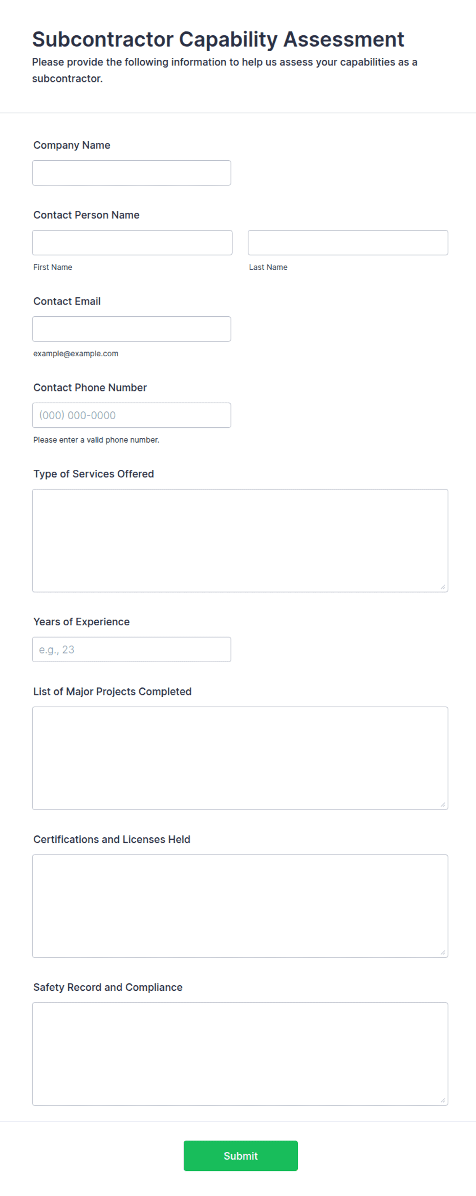 Capability Form Subcontractor Capability Assessment Form Template | Jotform