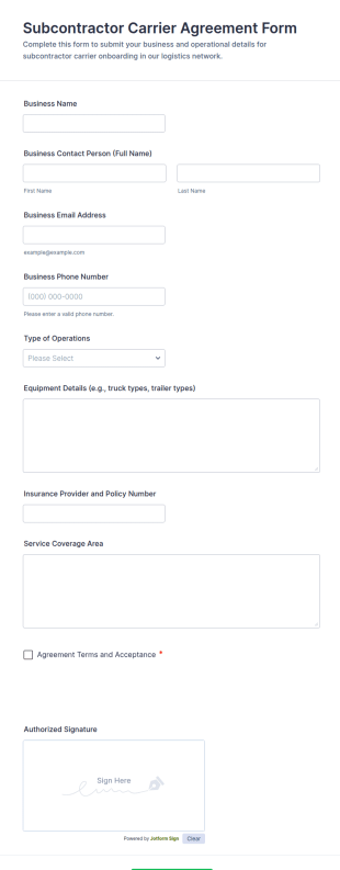 Subcontractor Carrier Agreement Form Template
