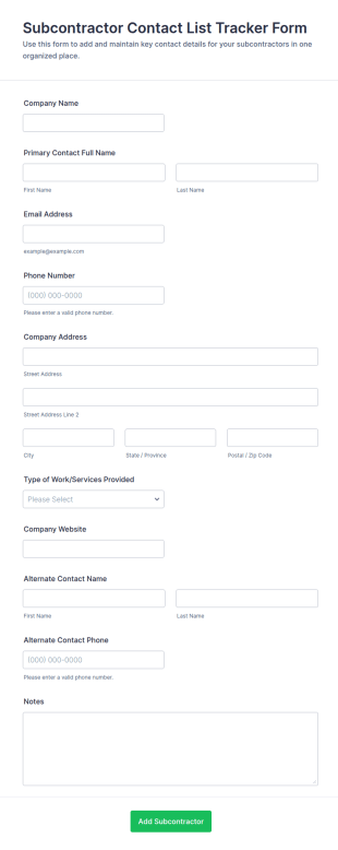 Subcontractor Contact List Tracker Form Template