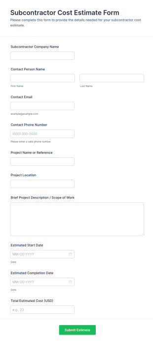 Subcontractor Cost Estimate Form Template