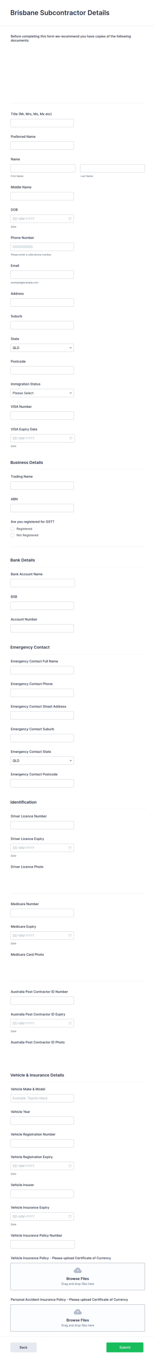 Subcontractor Details Form Template