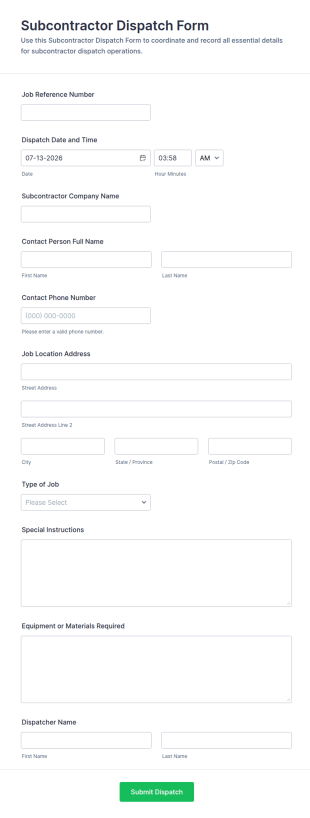 Subcontractor Dispatch Form Template