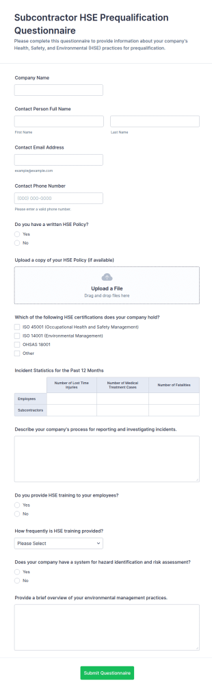 Subcontractor HSE Prequalification Questionnaire Form Template