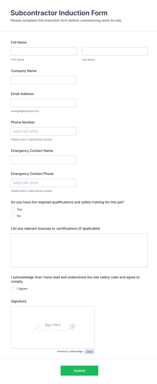 Subcontractor Induction Form Template