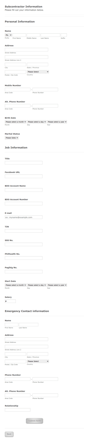 Subcontractor Information Form Template