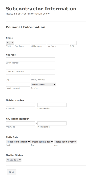 Subcontractor Information Form Template