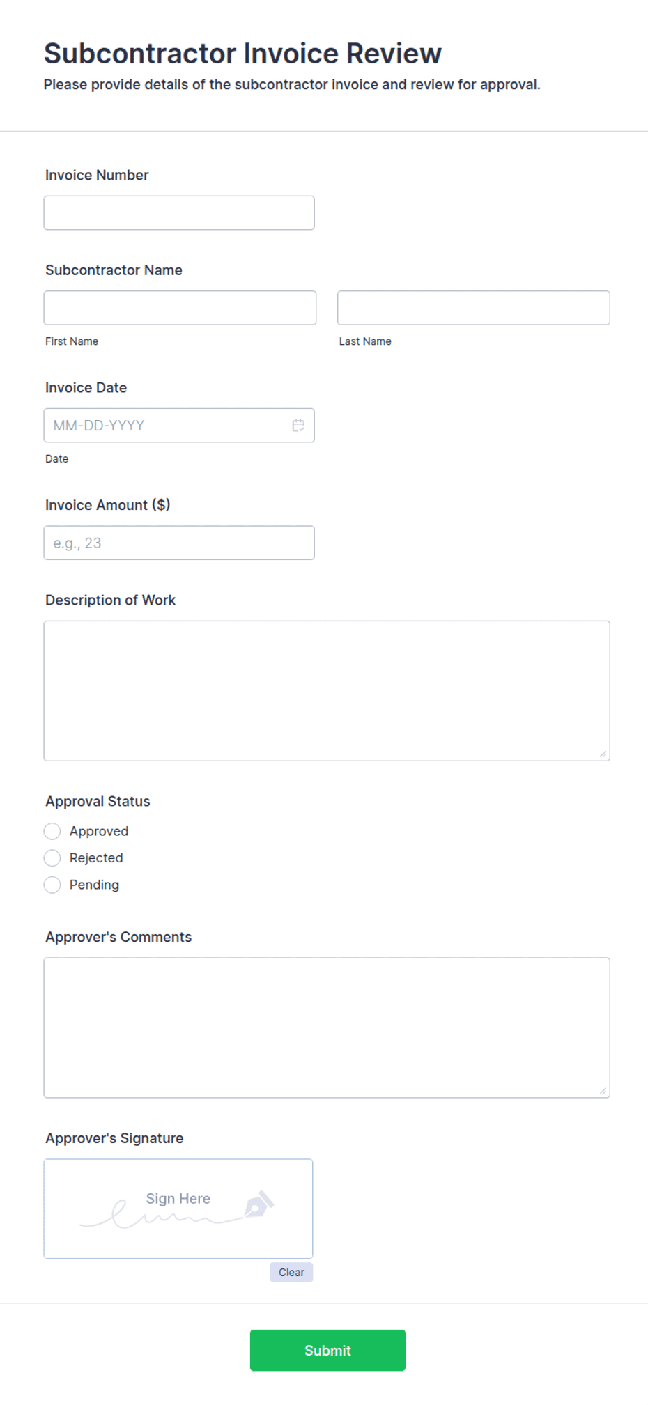 Subcontractor Invoice Review Form Template | Jotform