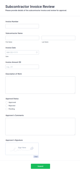 Subcontractor Invoice Review Form Template