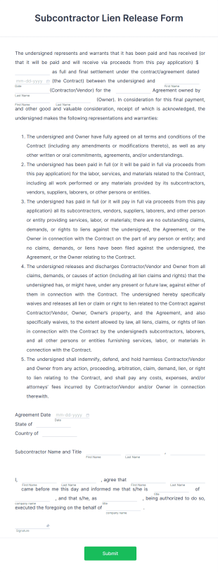 Subcontractor Lien Release Form Template