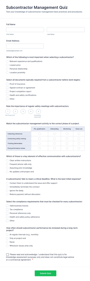 Subcontractor Management Quiz Form Template