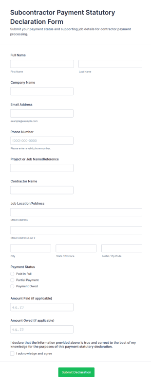 Subcontractor Payment Statutory Declaration Form Template