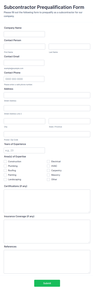 Subcontractor Prequalification Form Template