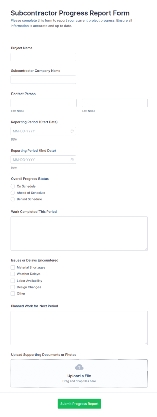 Subcontractor Progress Report Form Template