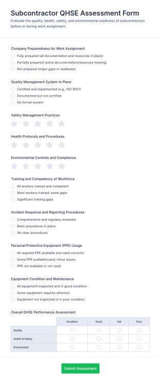 Subcontractor QHSE Assessment Form Template