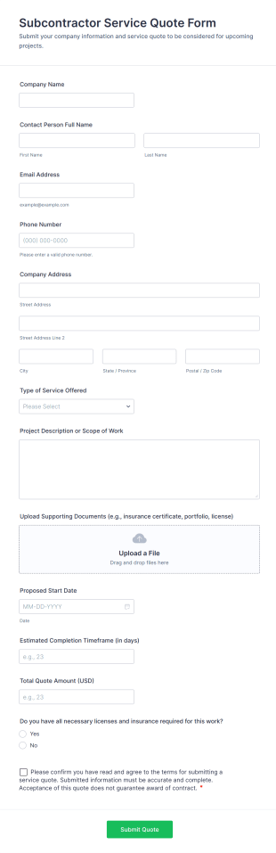 Subcontractor Service Quote Form Template