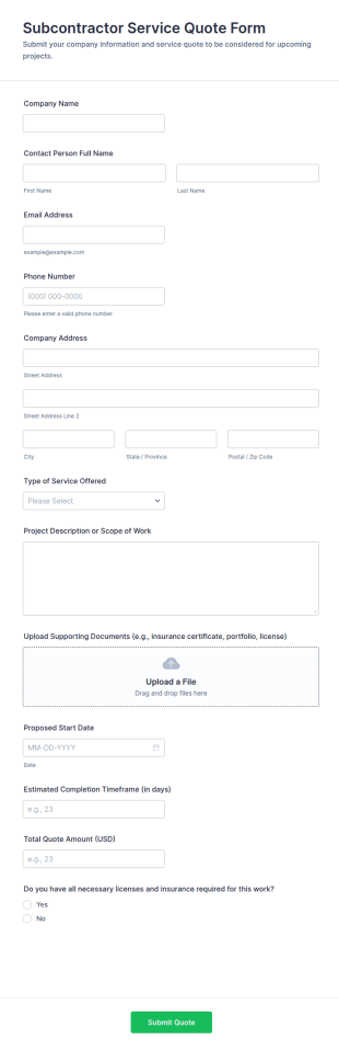 Subcontractor Service Quote Form Template