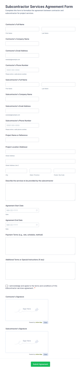 Subcontractor Services Agreement Form Template