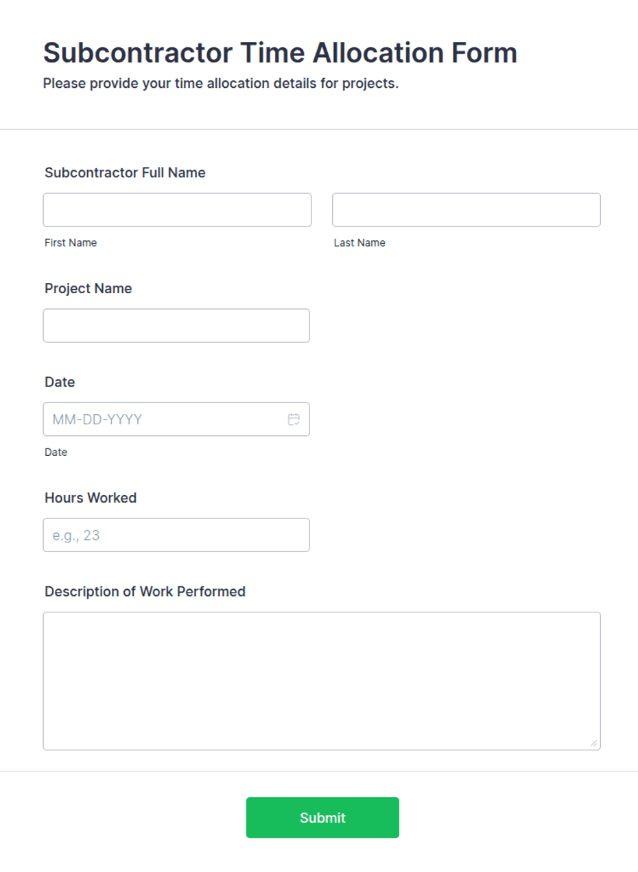 Subcontractor Time Allocation Form Template | Jotform