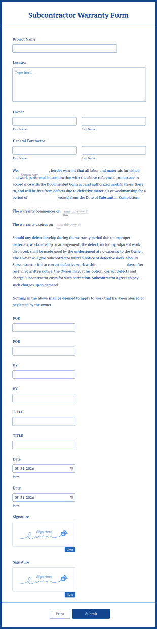 Subcontractor Warranty Form Template