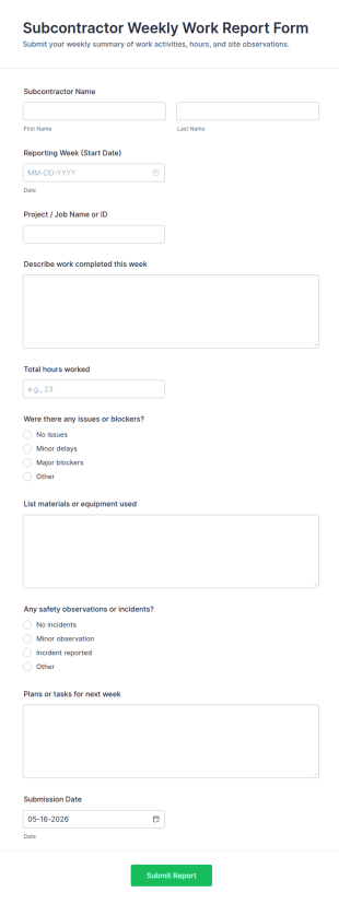 Subcontractor Weekly Work Report Form Template
